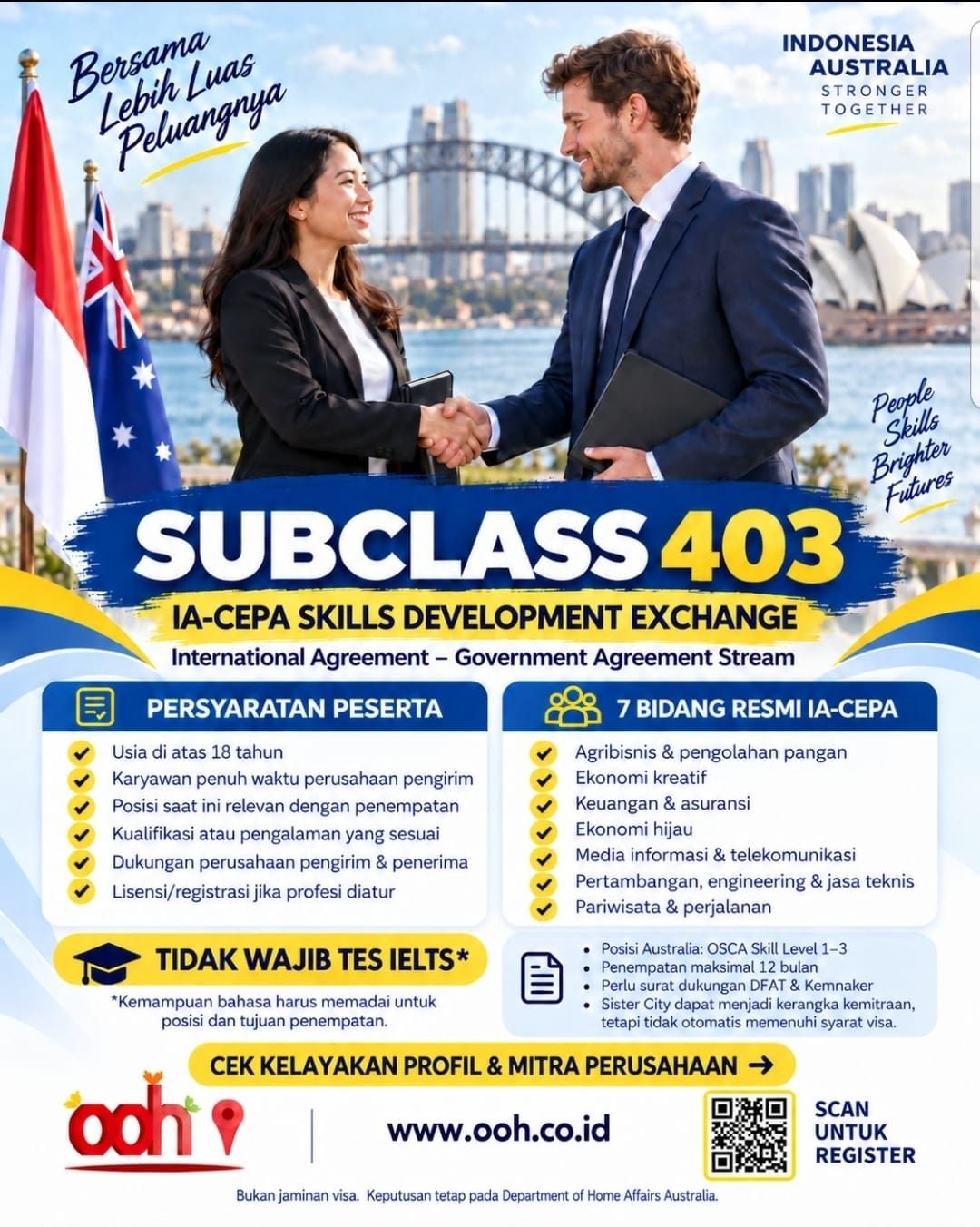 Poster OOH Subclass 403 IA-CEPA Skills Development Exchange: persyaratan peserta, tujuh bidang resmi IA-CEPA, dan keterangan tidak wajib tes IELTS.
